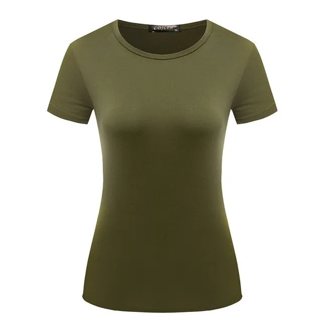 1PC Casual Female Short Sleeve Solid Tops S-XXL Popular T Shirt Hot Sale Plain Basic High Quality Elastic 6 Color Women