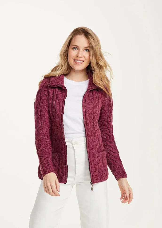 Aran Full Zip Cardigan | Raspberry