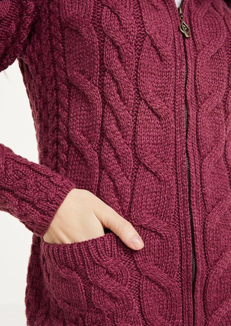 Aran Full Zip Cardigan | Raspberry