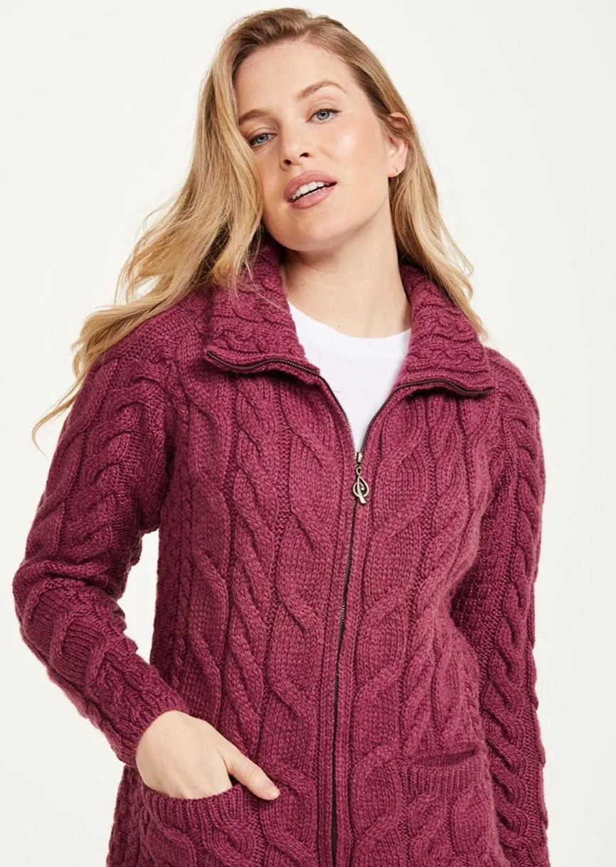 Aran Full Zip Cardigan | Raspberry