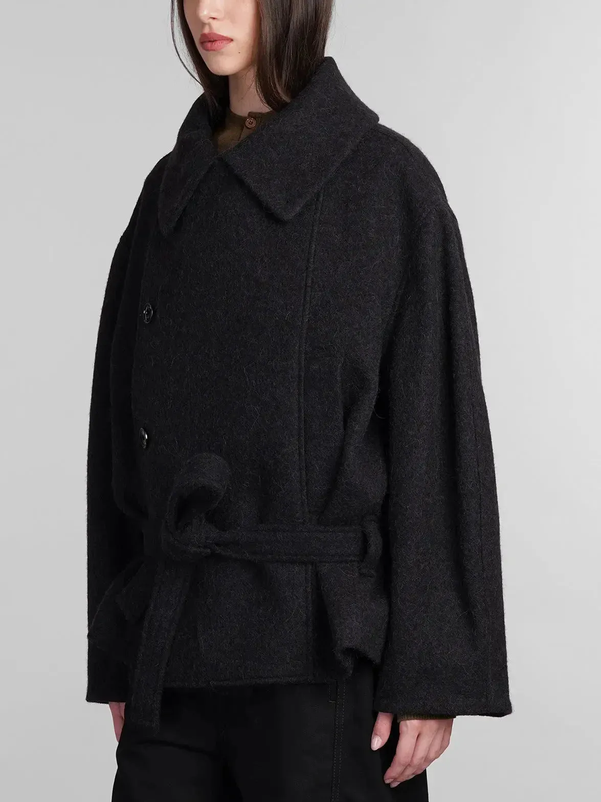 Asymmetrical Button-Closure Wool-Blend Jacket in Black