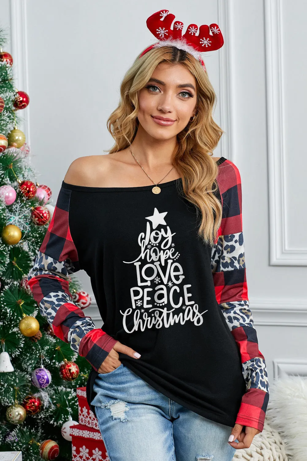 Black Christmas Text Print Color Block Top