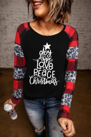Black Christmas Text Print Color Block Top