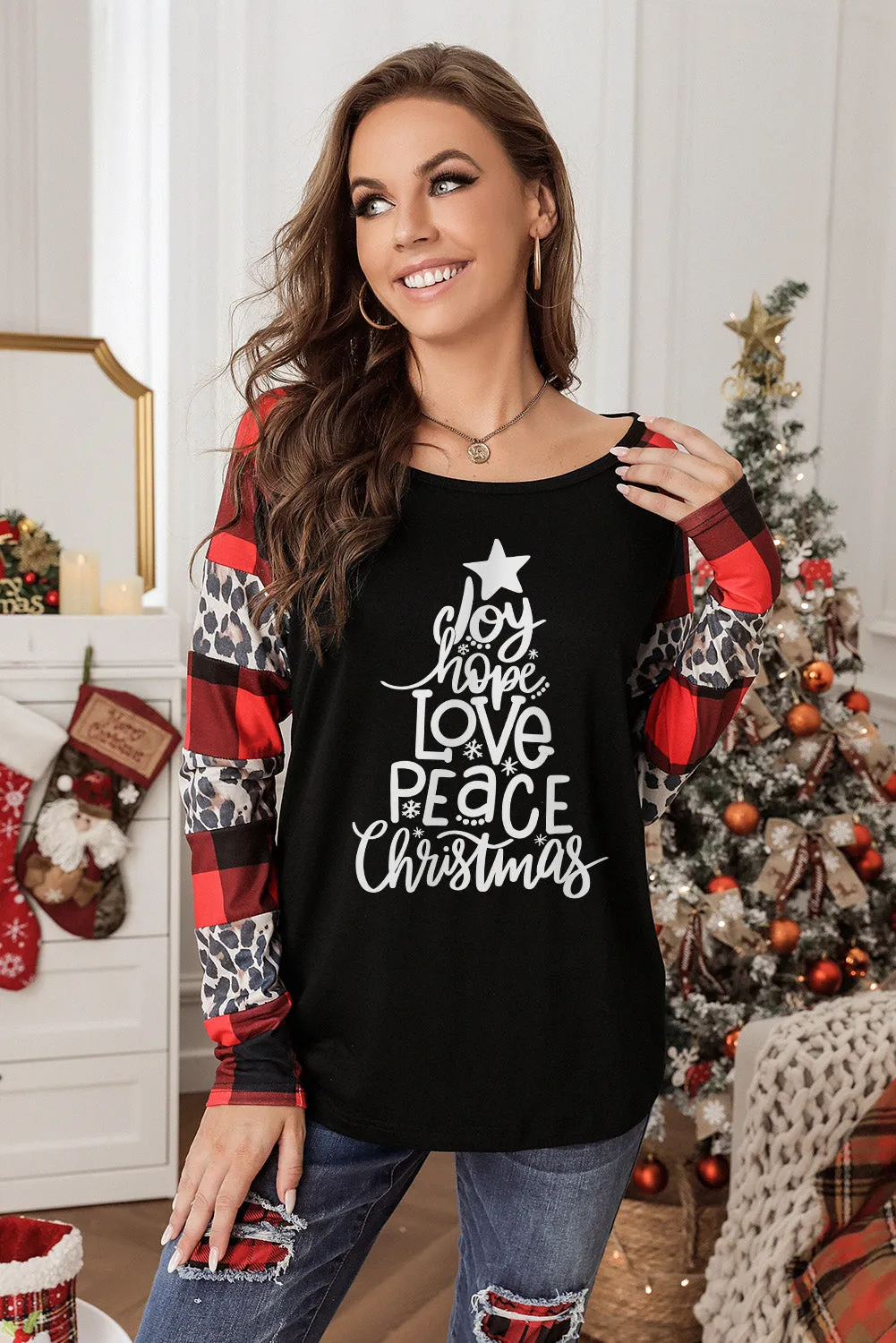 Black Christmas Text Print Color Block Top