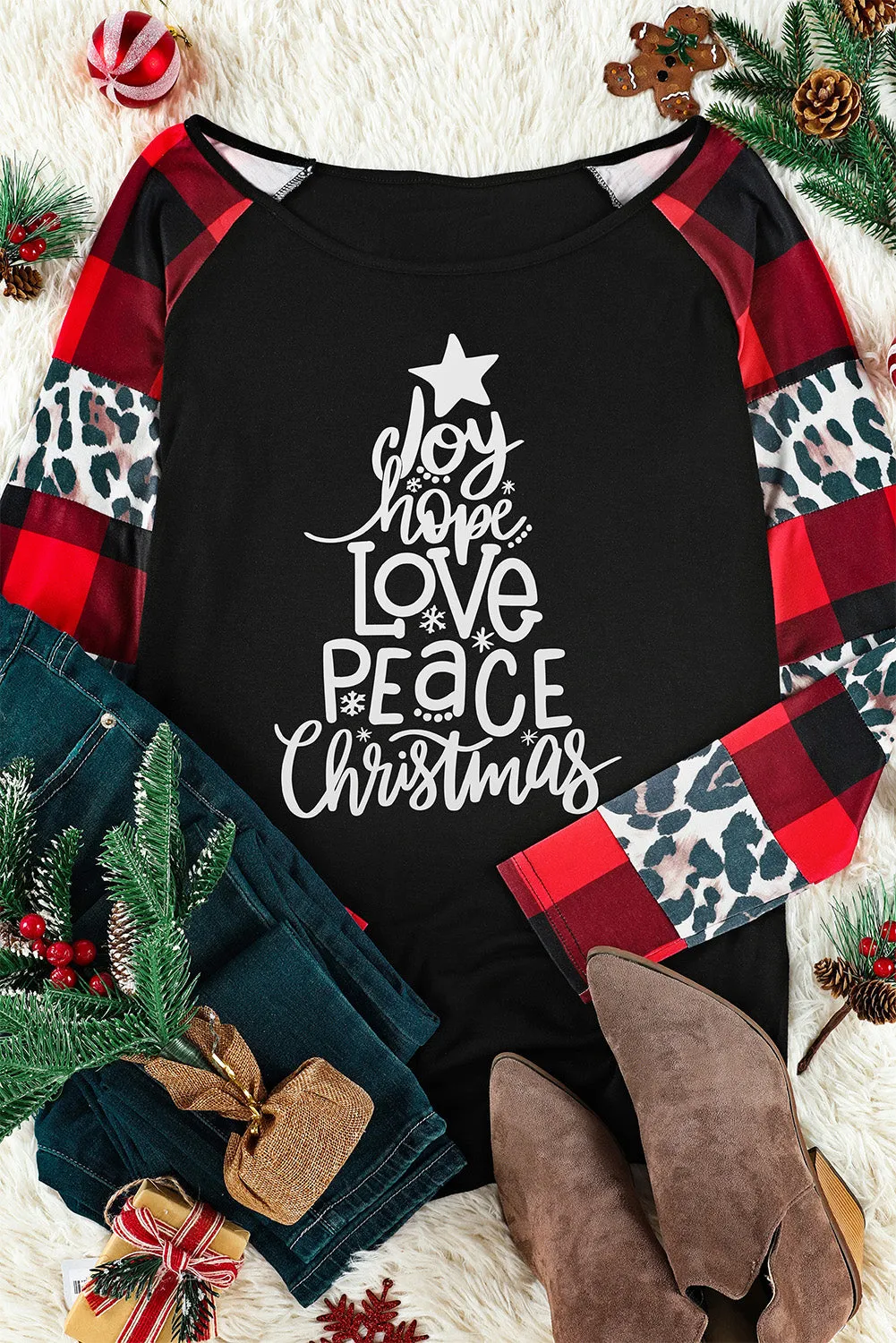 Black Christmas Text Print Color Block Top