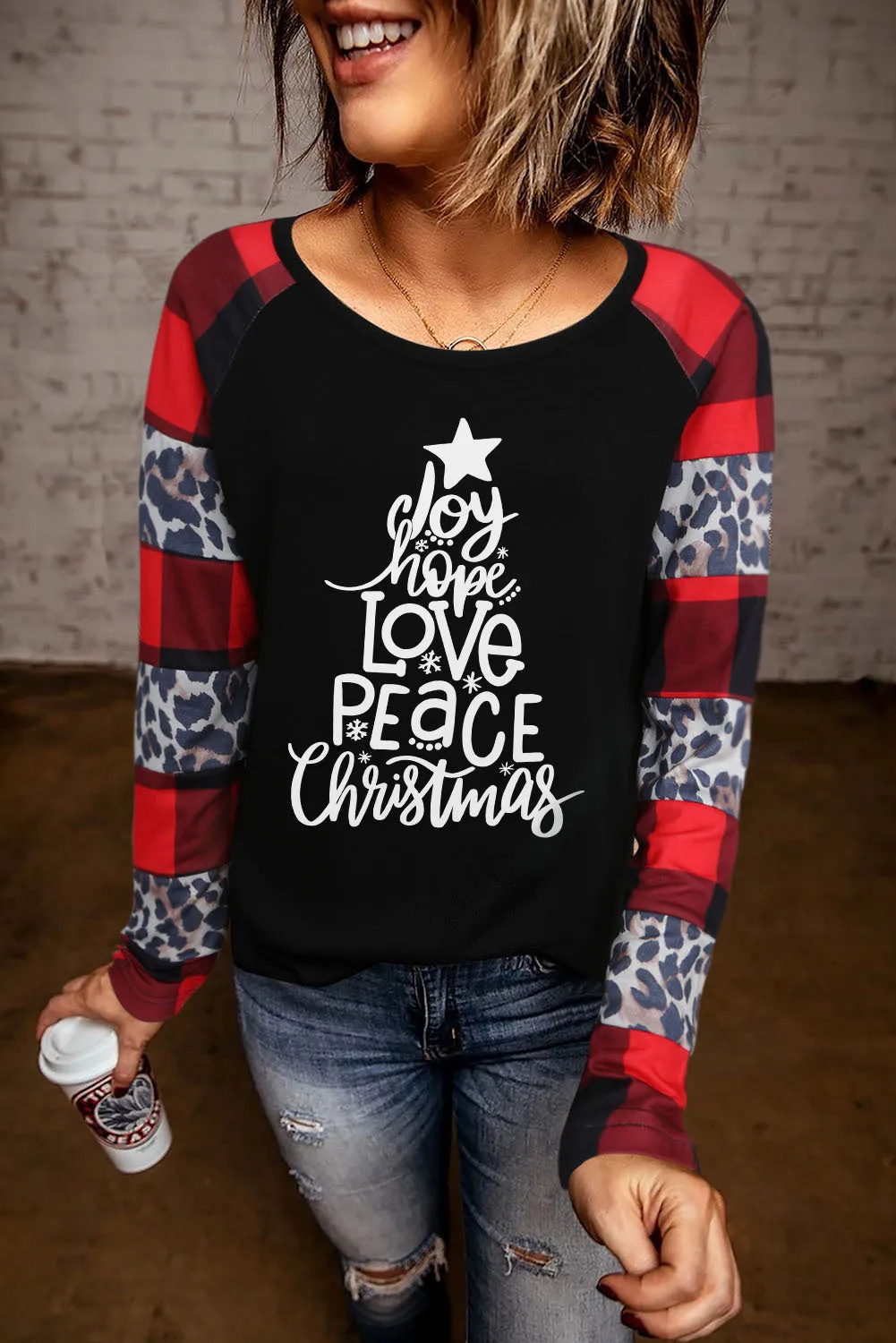 Black Christmas Text Print Color Block Top