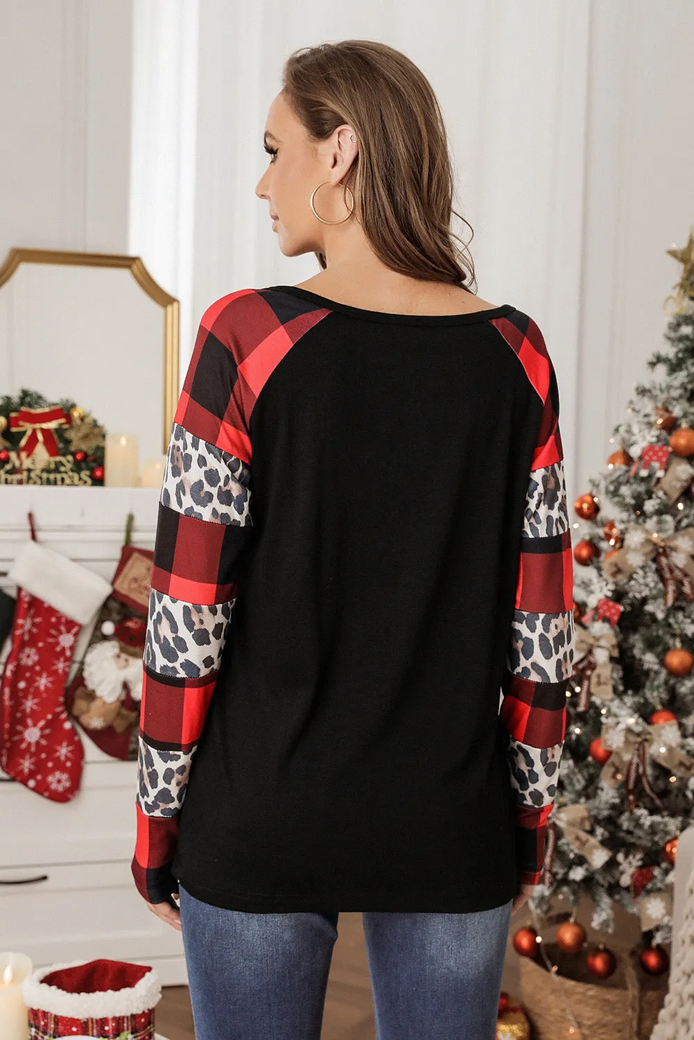 Black Christmas Text Print Color Block Top