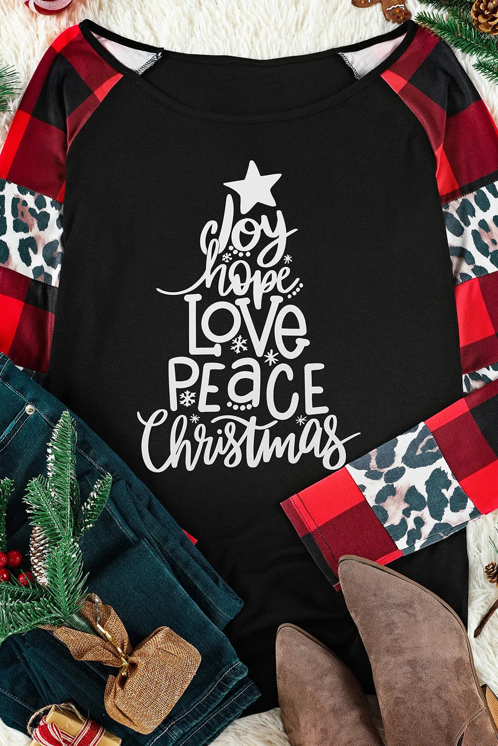 Black Christmas Text Print Color Block Top