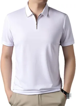Bollrllr Mulberry Silk Golf Men's Polo Shirts Solid Short Sleeve Zipper Male T-Shirts Cotton Man Tees