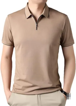 Bollrllr Mulberry Silk Golf Men's Polo Shirts Solid Short Sleeve Zipper Male T-Shirts Cotton Man Tees