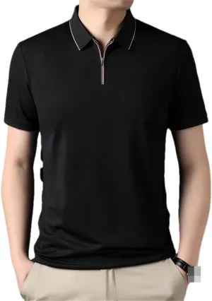 Bollrllr Mulberry Silk Golf Men's Polo Shirts Solid Short Sleeve Zipper Male T-Shirts Cotton Man Tees