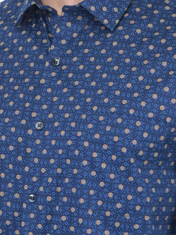 Cotton Dark Blue Slim Fit Self Design Formal Shirt