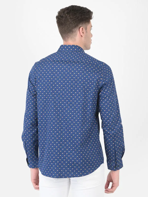 Cotton Dark Blue Slim Fit Self Design Formal Shirt