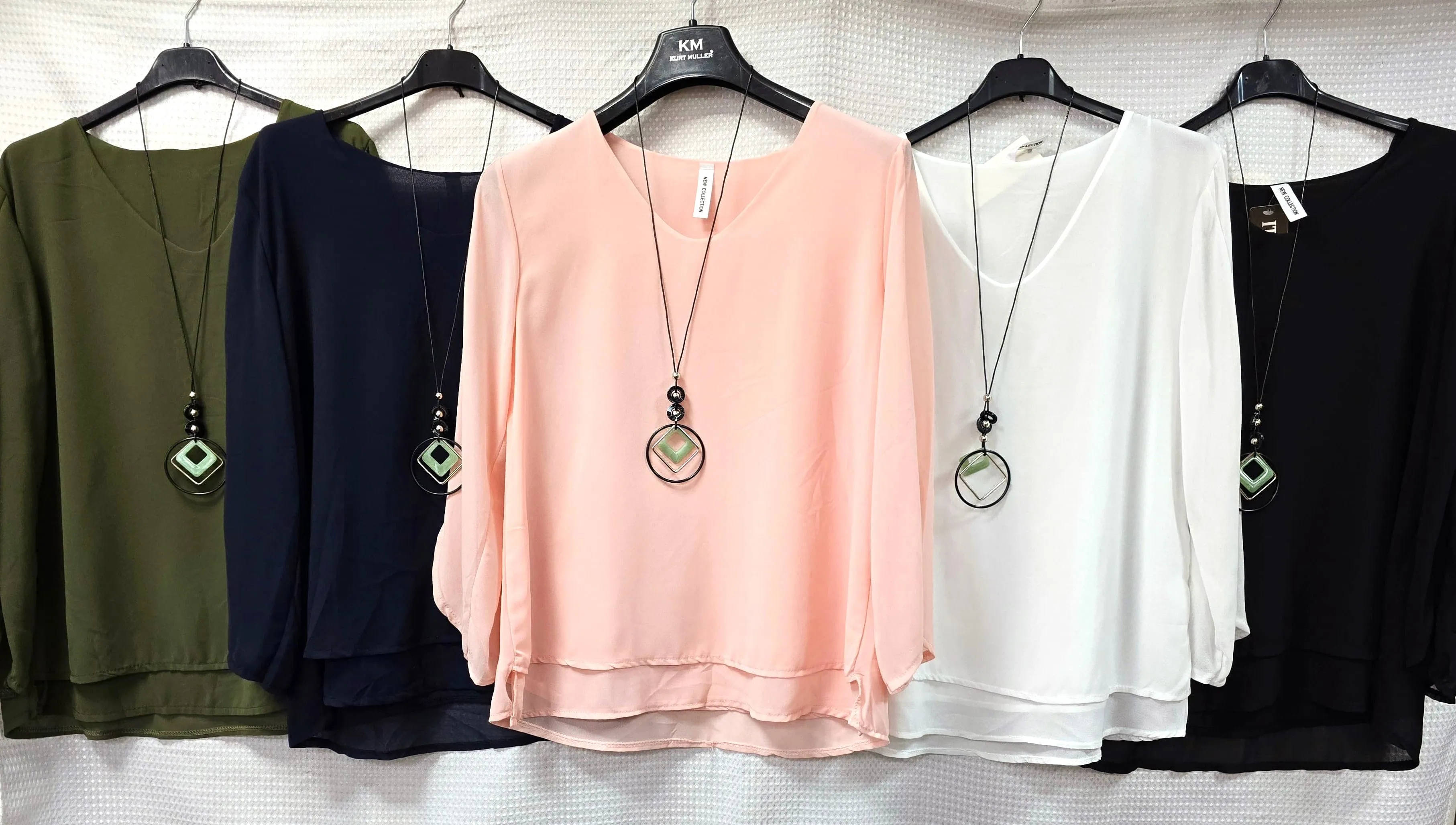 Donna V Neck Tiered Hem Necklace Blouse