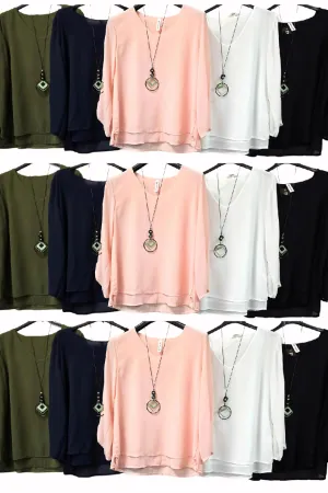 Donna V Neck Tiered Hem Necklace Blouse