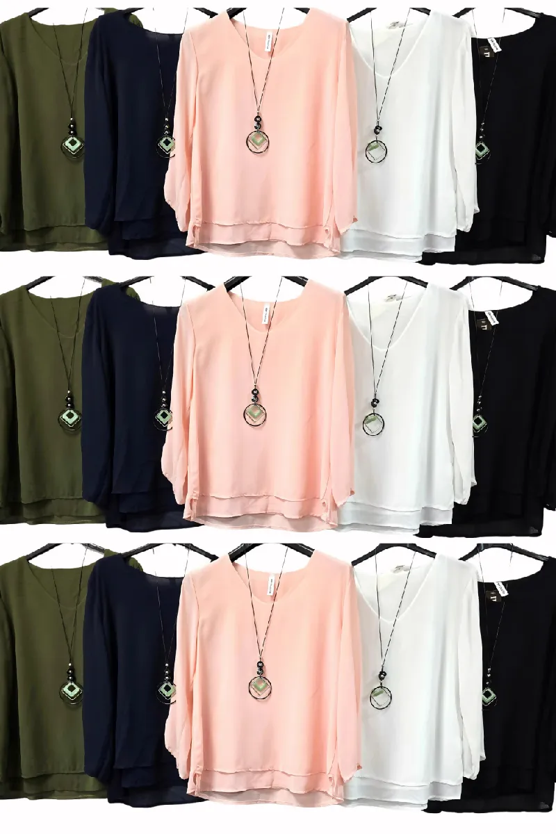 Donna V Neck Tiered Hem Necklace Blouse