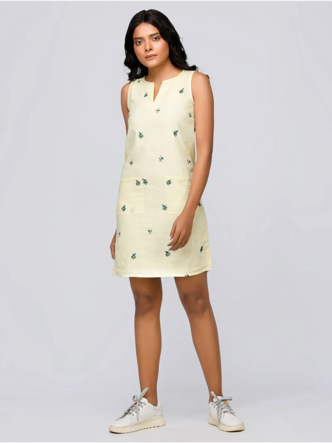 Eco Khadi Cotton Lemon Yellow Floral Dress - Iraja