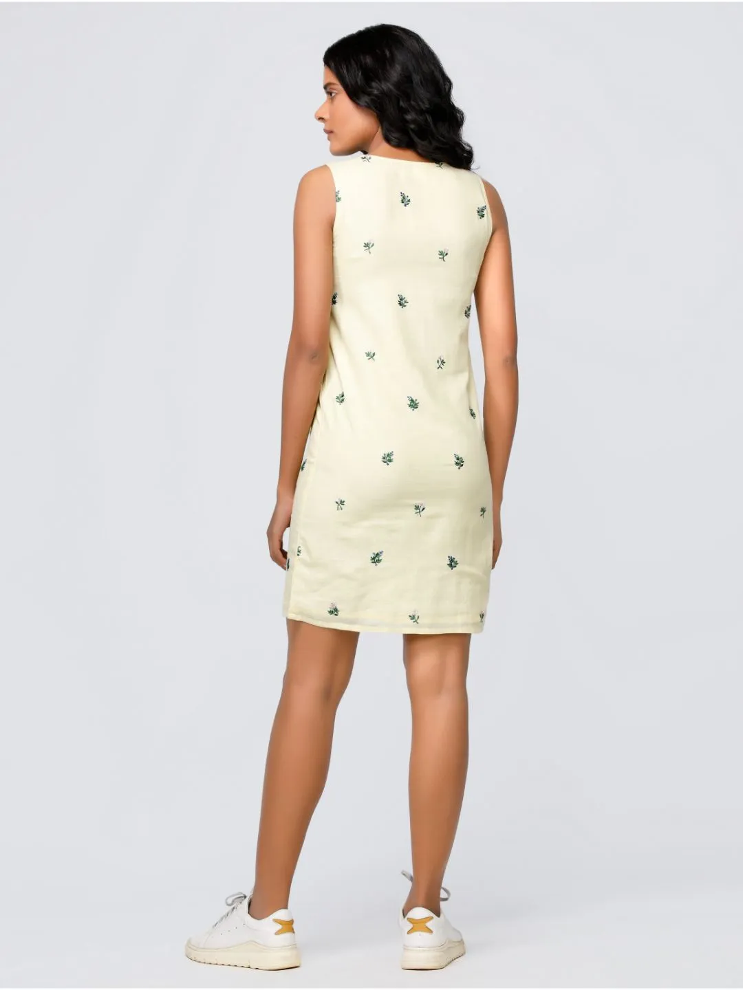 Eco Khadi Cotton Lemon Yellow Floral Dress - Iraja