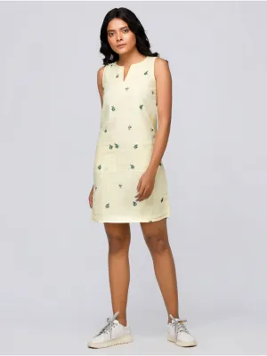 Eco Khadi Cotton Lemon Yellow Floral Dress - Iraja
