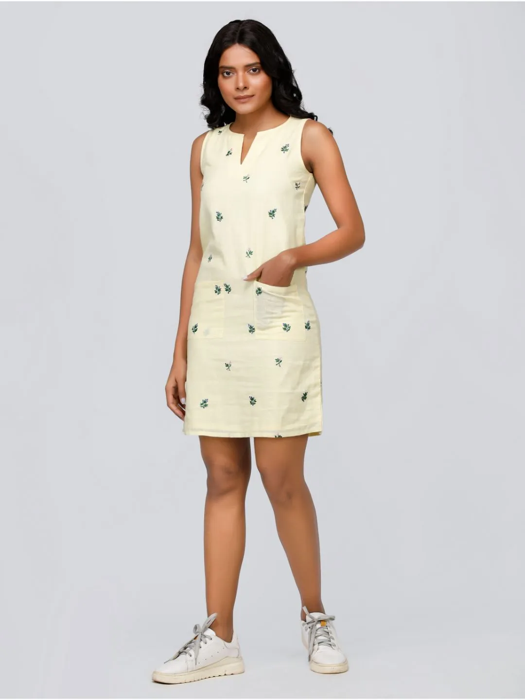 Eco Khadi Cotton Lemon Yellow Floral Dress - Iraja