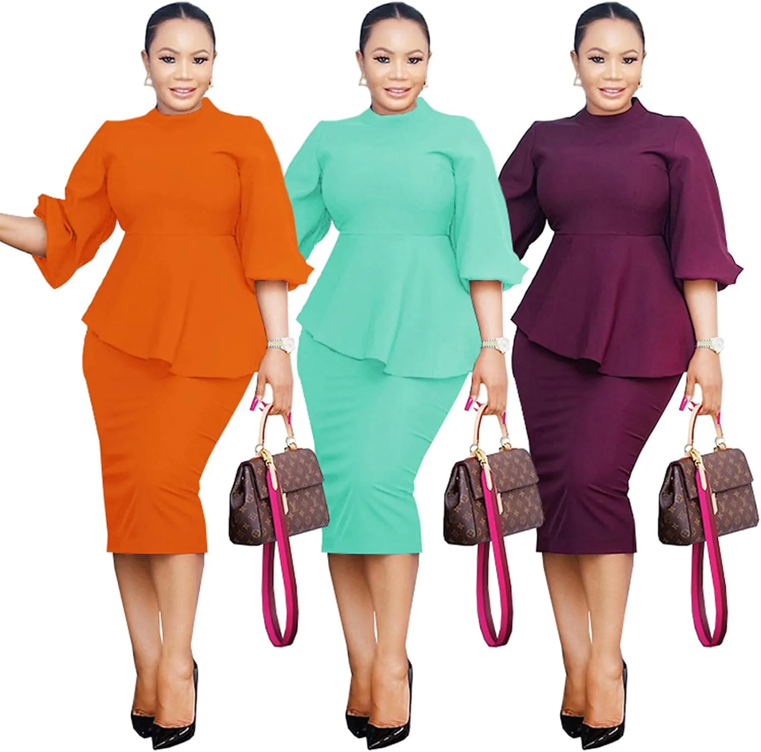 Ekaliy Women's Ruffle Sleeve Vintage Bodycon Peplum Business Formal Work Pencil Dress