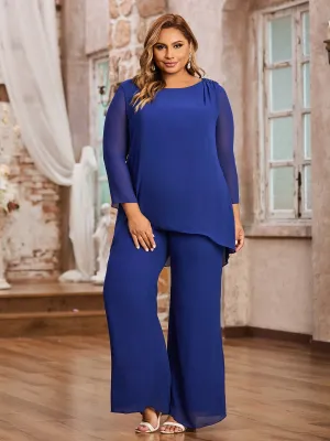 Elegant Chiffon Pant Suit with Long Sleeves-Royal Blue