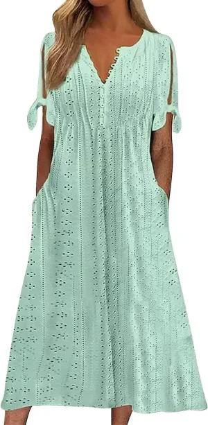 Eyelet Dress for Women V Neck Button Long Dress Loose Fit Flowy Swing Midi Eyelet Skirt with Pockets Vacation Tops for Beach