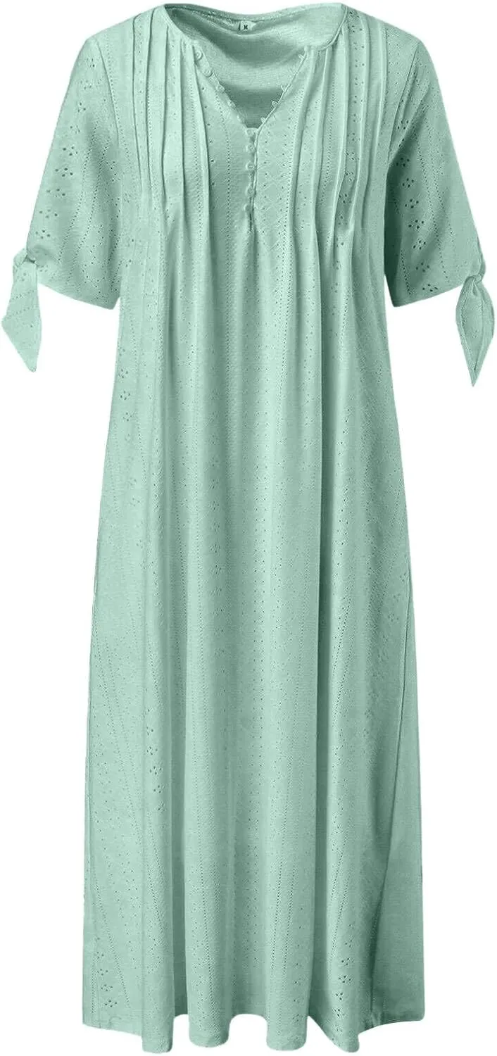 Eyelet Dress for Women V Neck Button Long Dress Loose Fit Flowy Swing Midi Eyelet Skirt with Pockets Vacation Tops for Beach