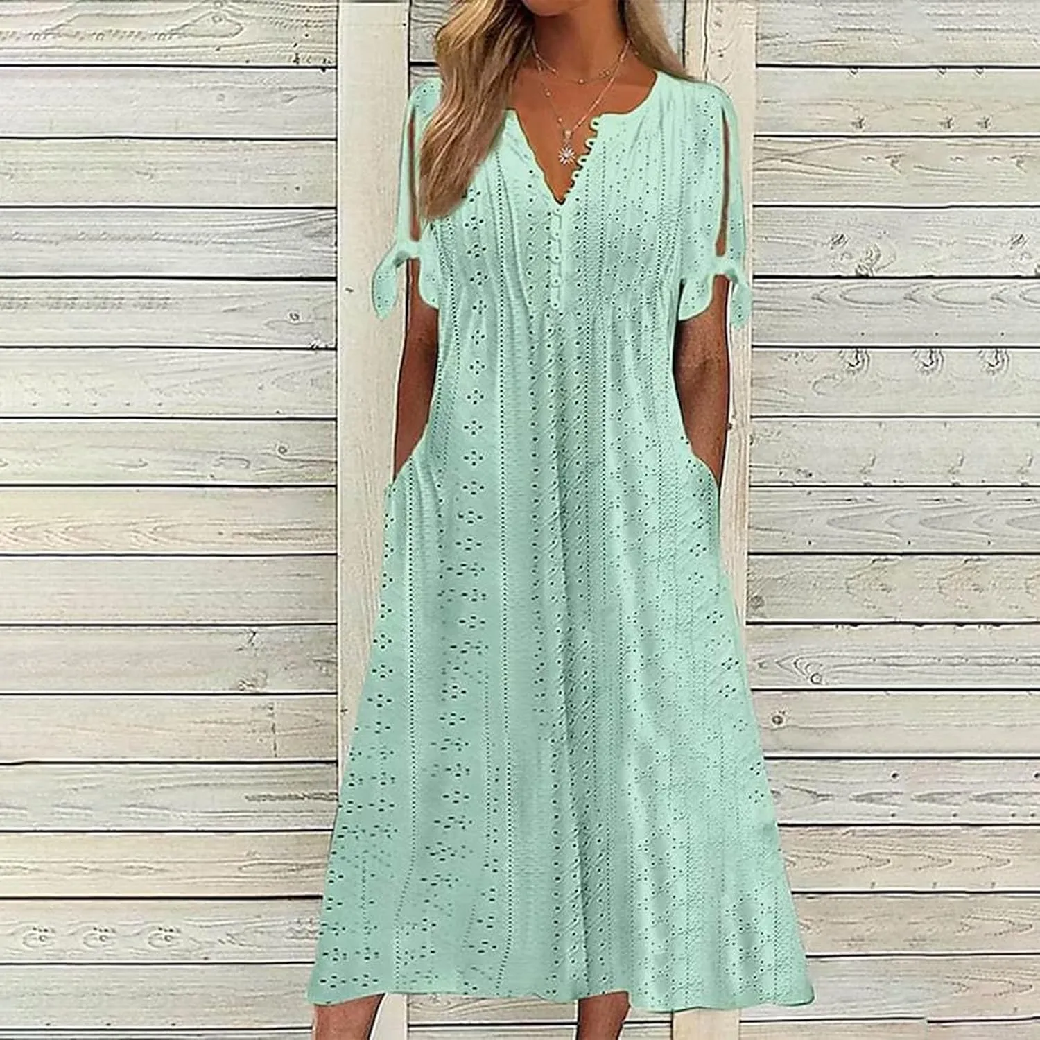 Eyelet Dress for Women V Neck Button Long Dress Loose Fit Flowy Swing Midi Eyelet Skirt with Pockets Vacation Tops for Beach
