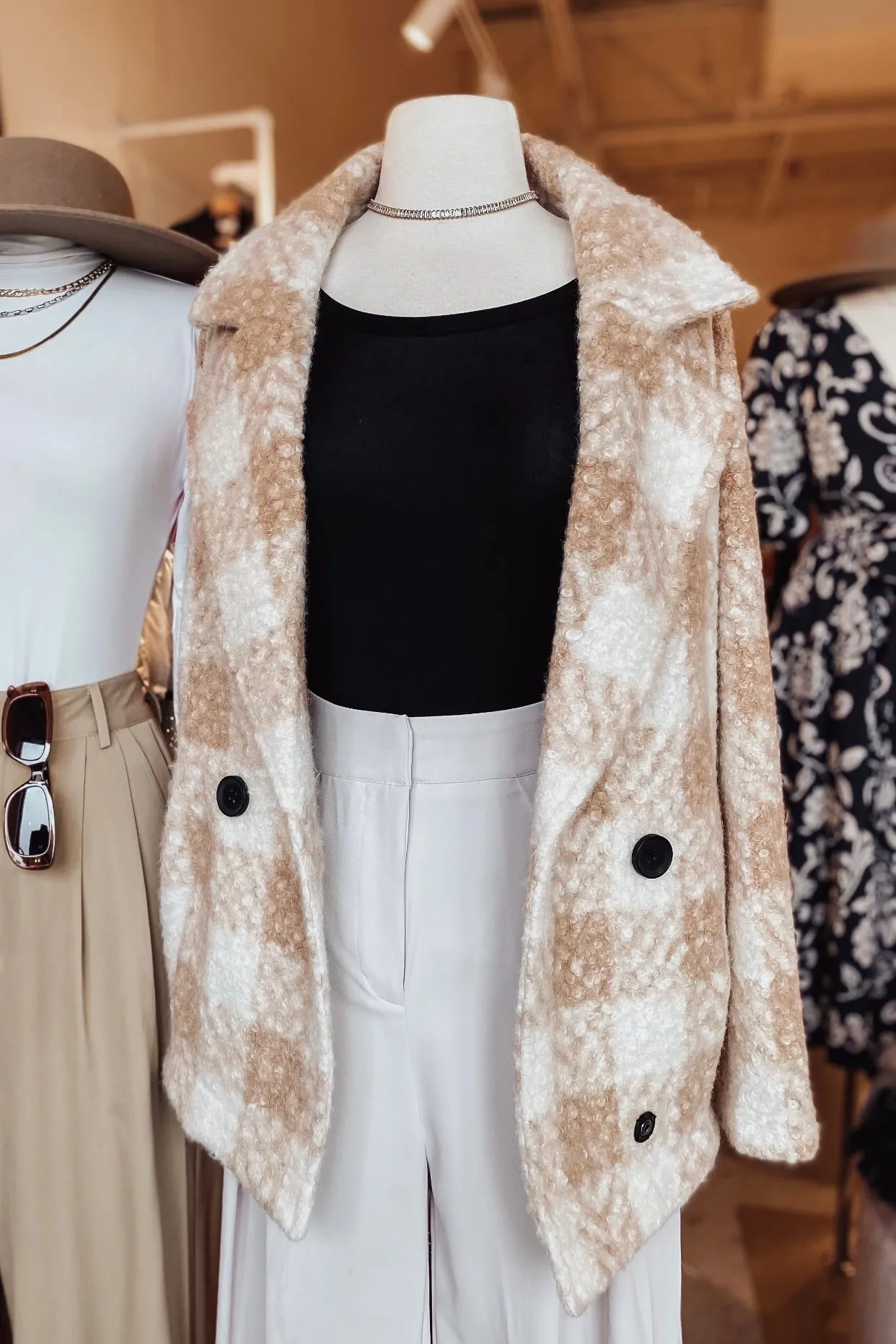 Fuzzy Boucle Textured Double Breasted Coat Jacket