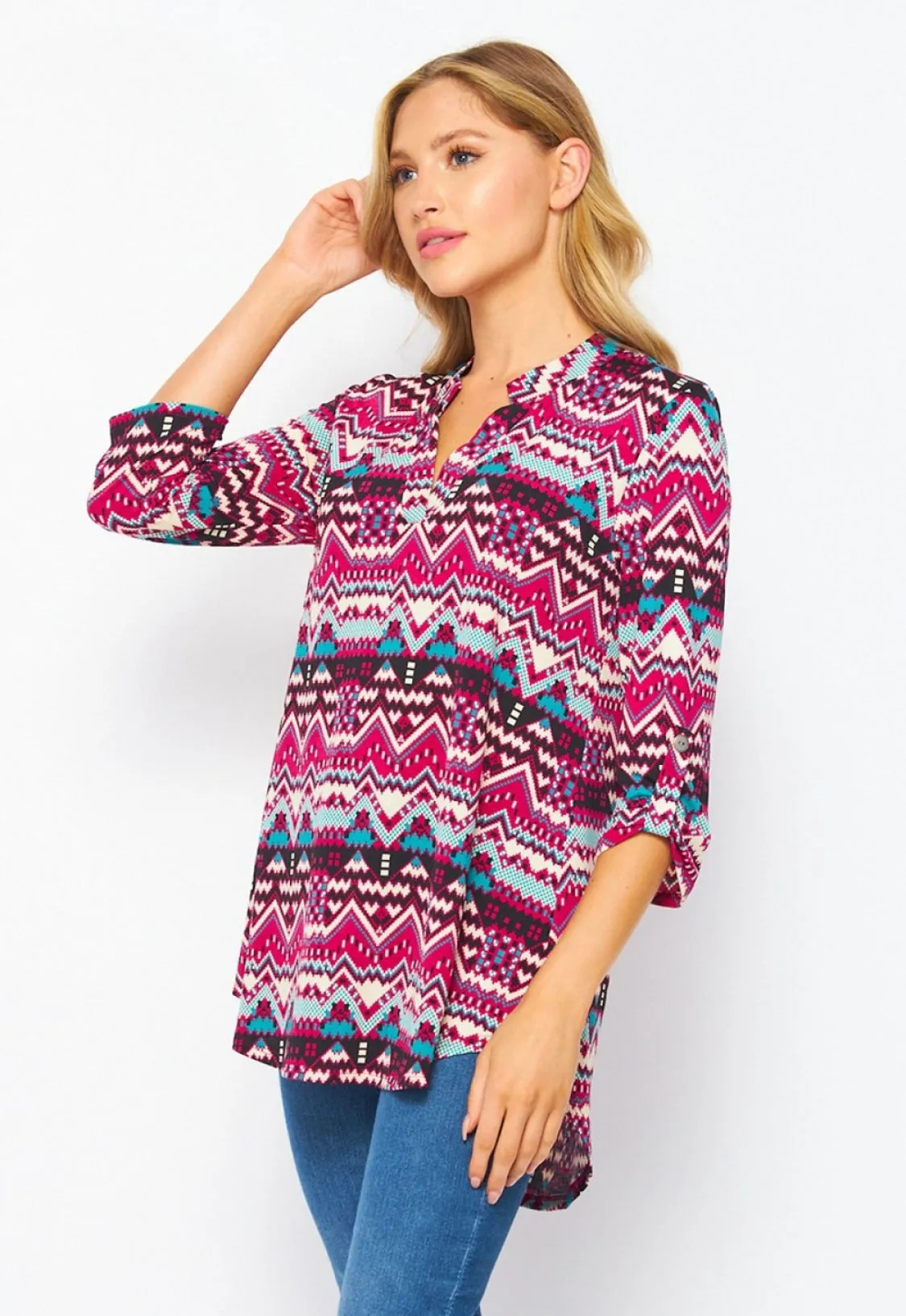 GABBY-9030   Gabby Hot Pink & Turquoise Aztec Top