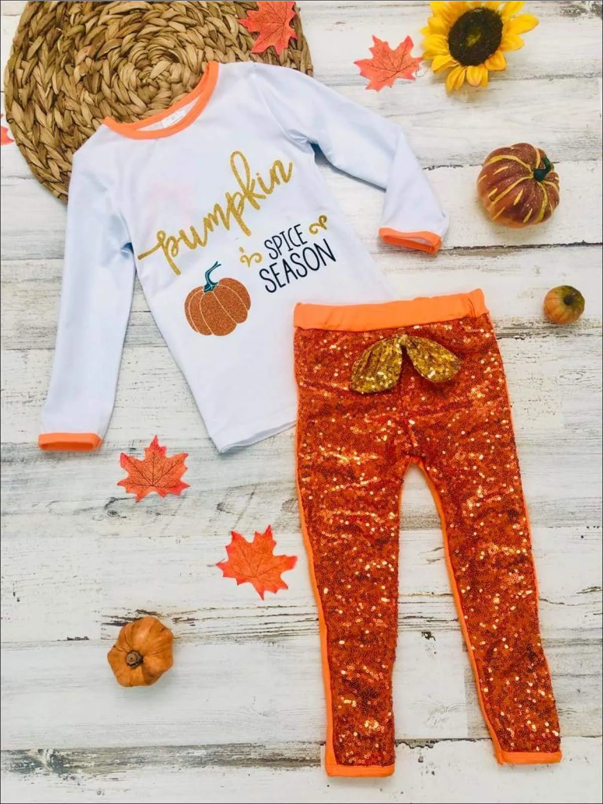 Girls "Pumpkin Spice Season" Long Sleeve Top & Bow Sequin Leggings Set