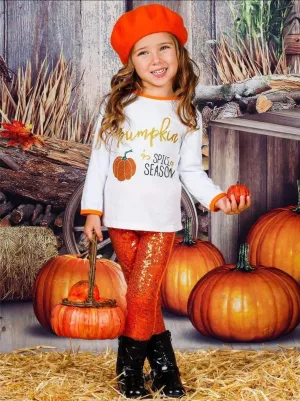 Girls "Pumpkin Spice Season" Long Sleeve Top & Bow Sequin Leggings Set