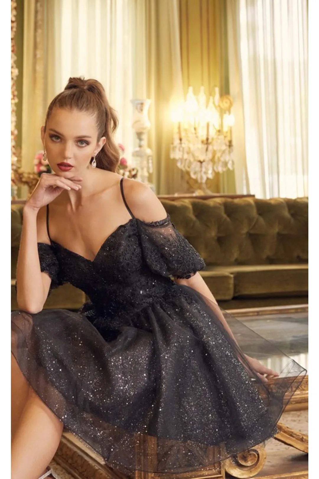 Glitter Off-Shoulder Short Sleeve Dress by Juliet 886