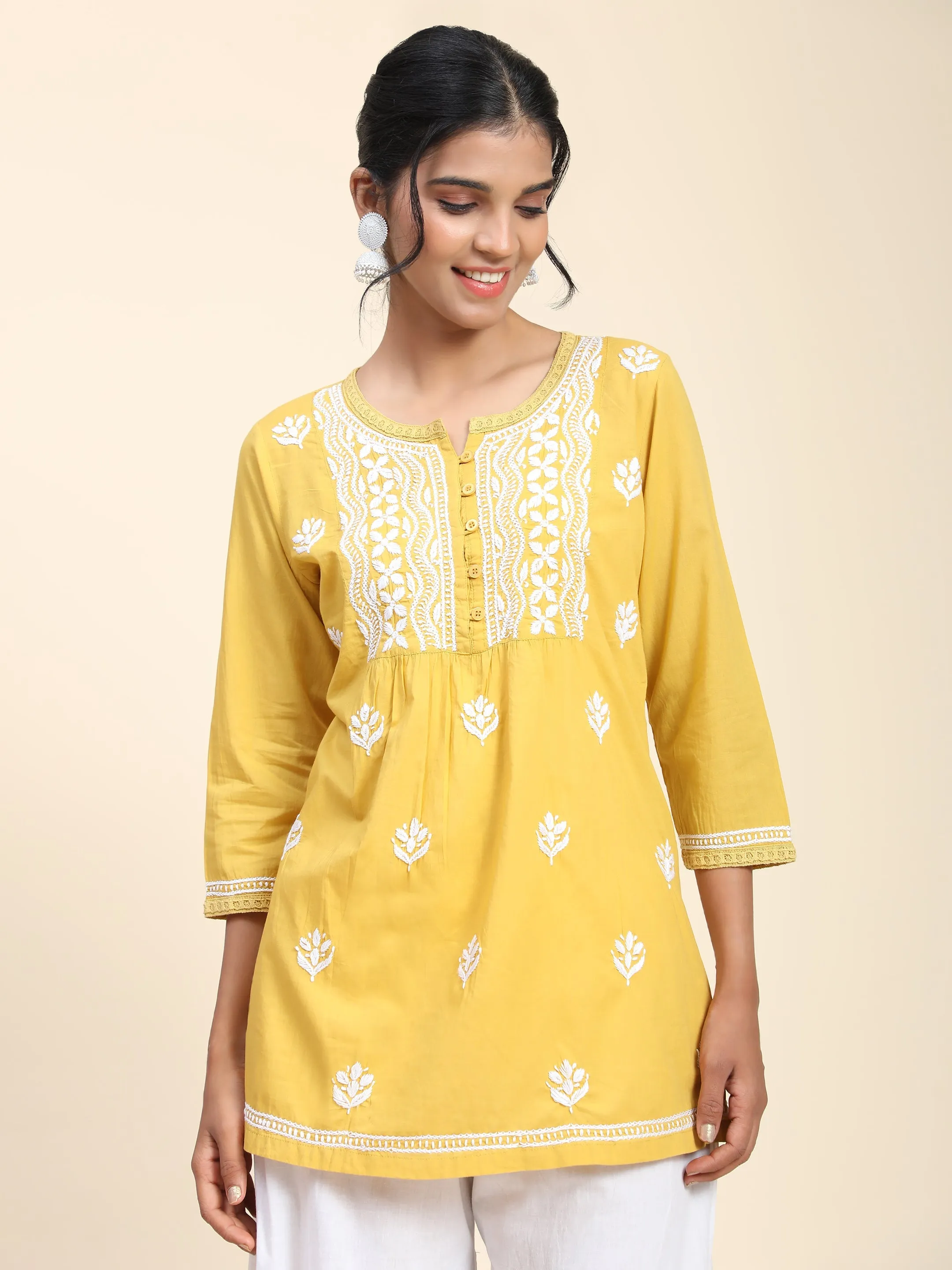 Hand Embroidery Chikankari Short Cotton Tunics-Yellow