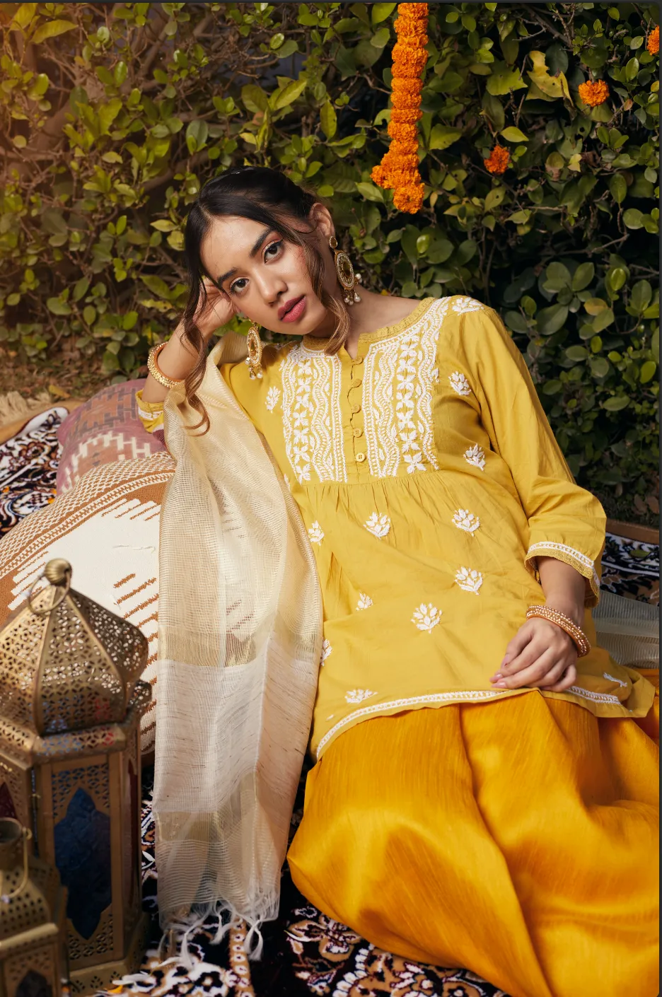 Hand Embroidery Chikankari Short Cotton Tunics-Yellow