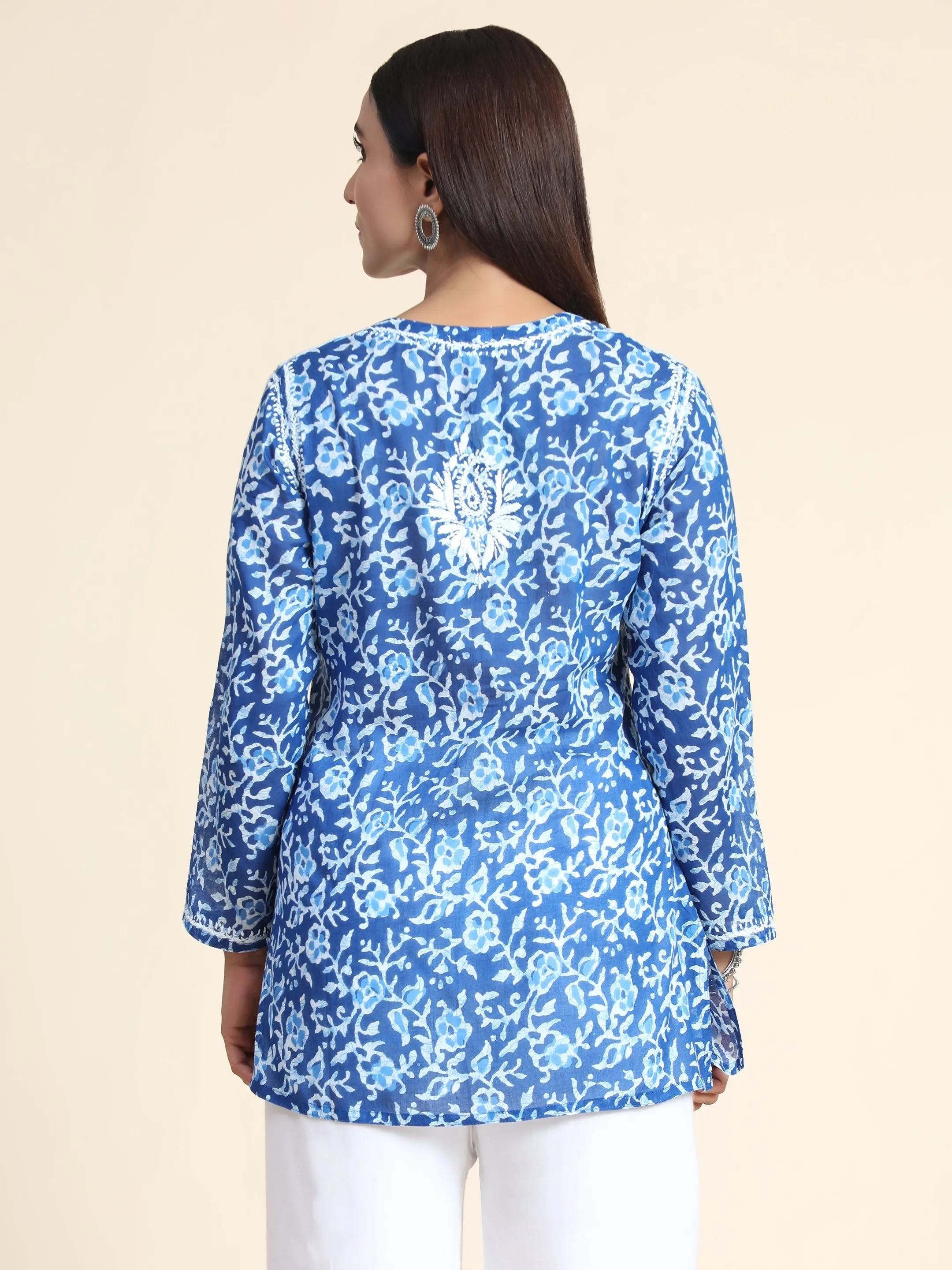 Hand Embroidery Chinakari Printed Short Cotton Tunics-Blue