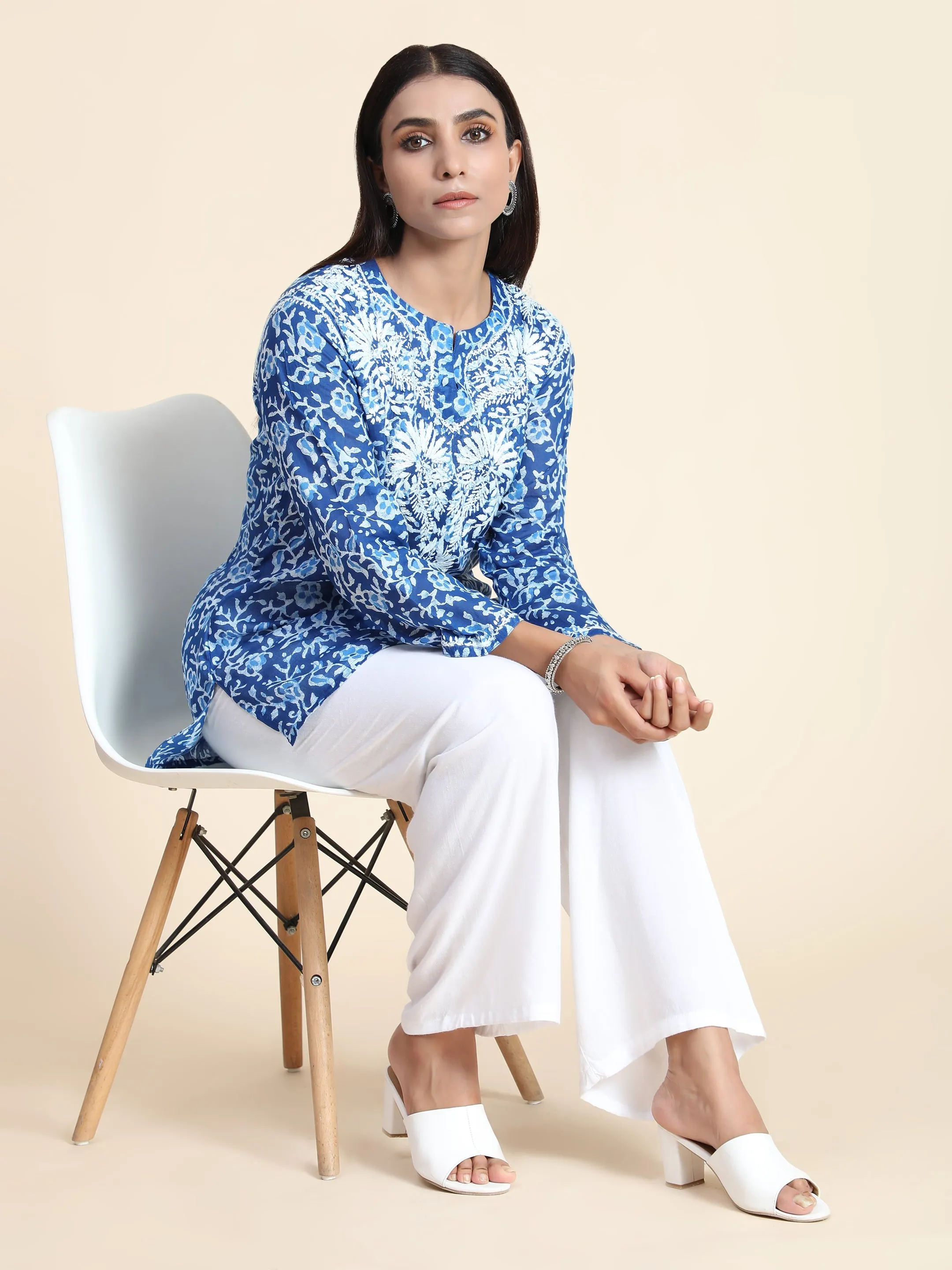 Hand Embroidery Chinakari Printed Short Cotton Tunics-Blue