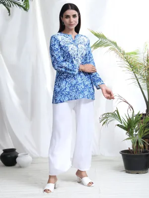 Hand Embroidery Chinakari Printed Short Cotton Tunics-Blue