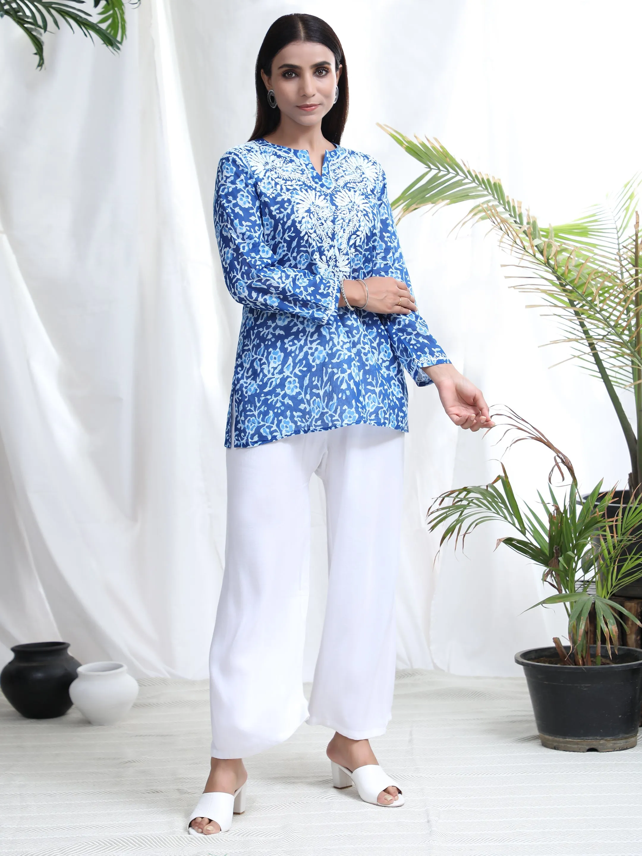 Hand Embroidery Chinakari Printed Short Cotton Tunics-Blue