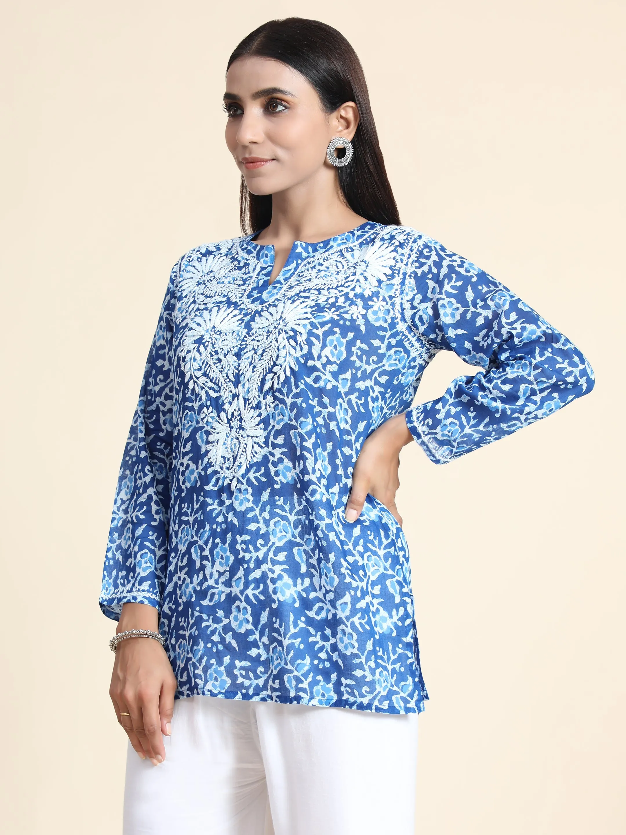 Hand Embroidery Chinakari Printed Short Cotton Tunics-Blue