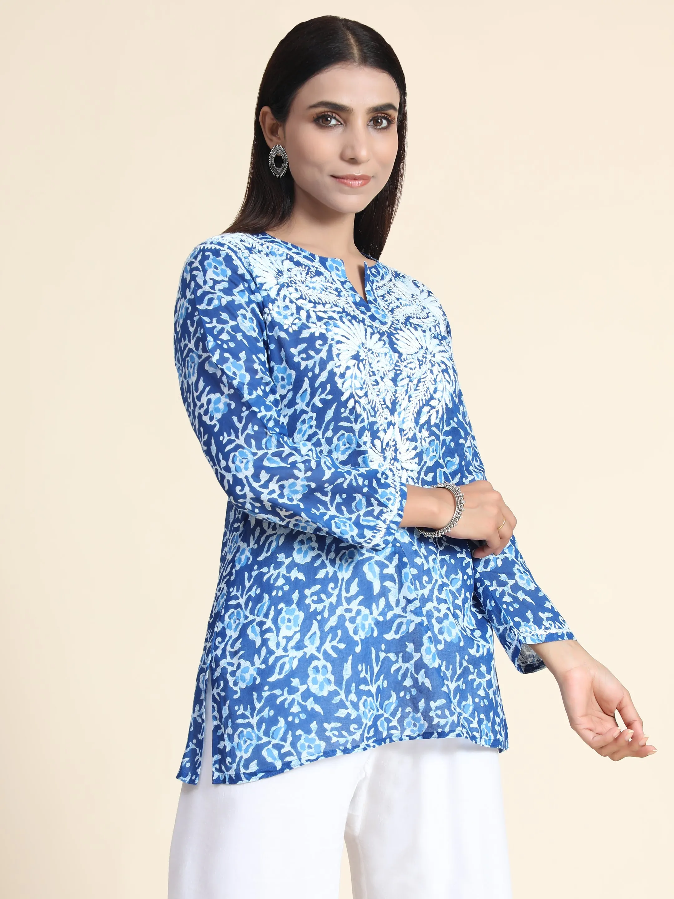 Hand Embroidery Chinakari Printed Short Cotton Tunics-Blue