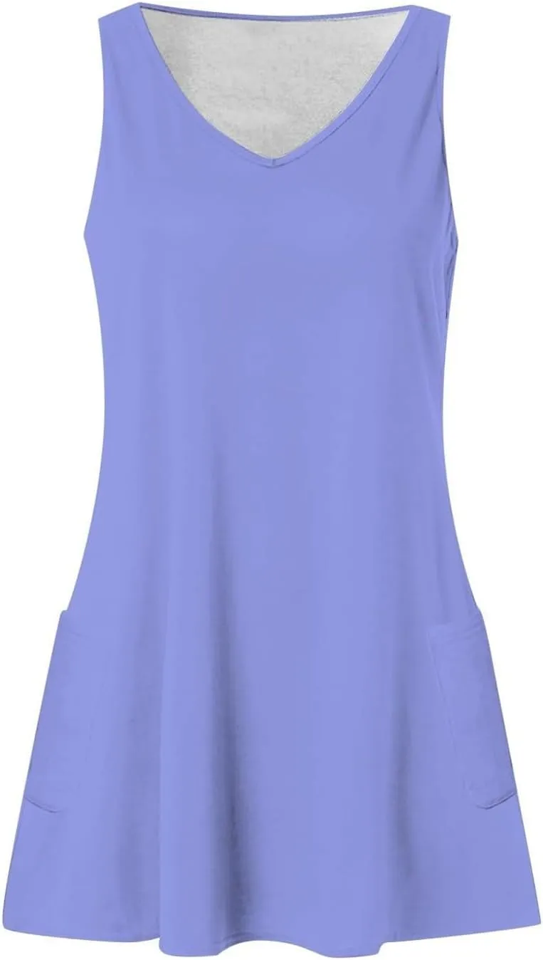 hlysgo Going Out Dresses for Women 2025 Summer Sleeveless V Neck Mini Dress Casual Beachwear Coverup Sundress with Pockets