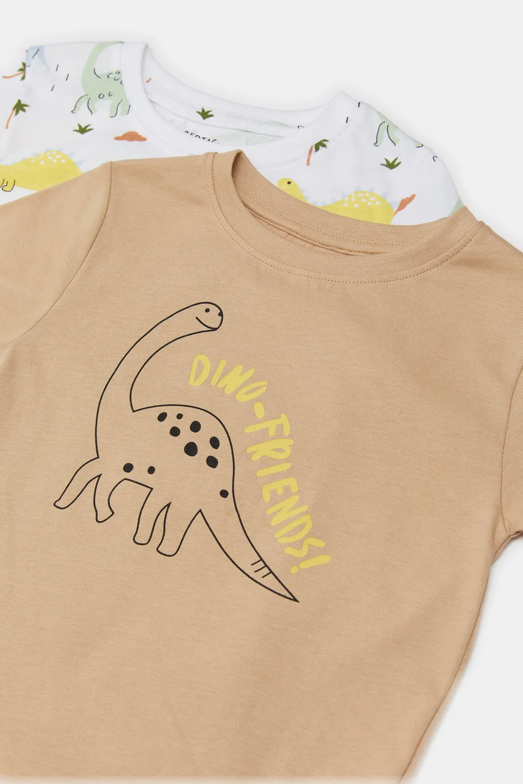 Infant Boys Biege And White Dino Print T-Shirt Pack (2 Piece)