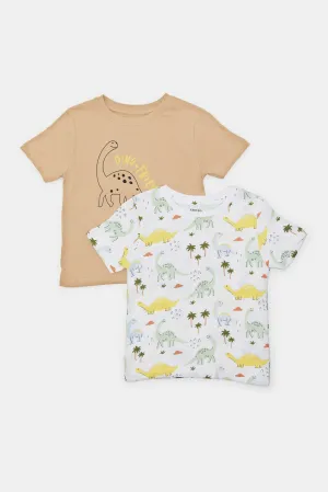 Infant Boys Biege And White Dino Print T-Shirt Pack (2 Piece)