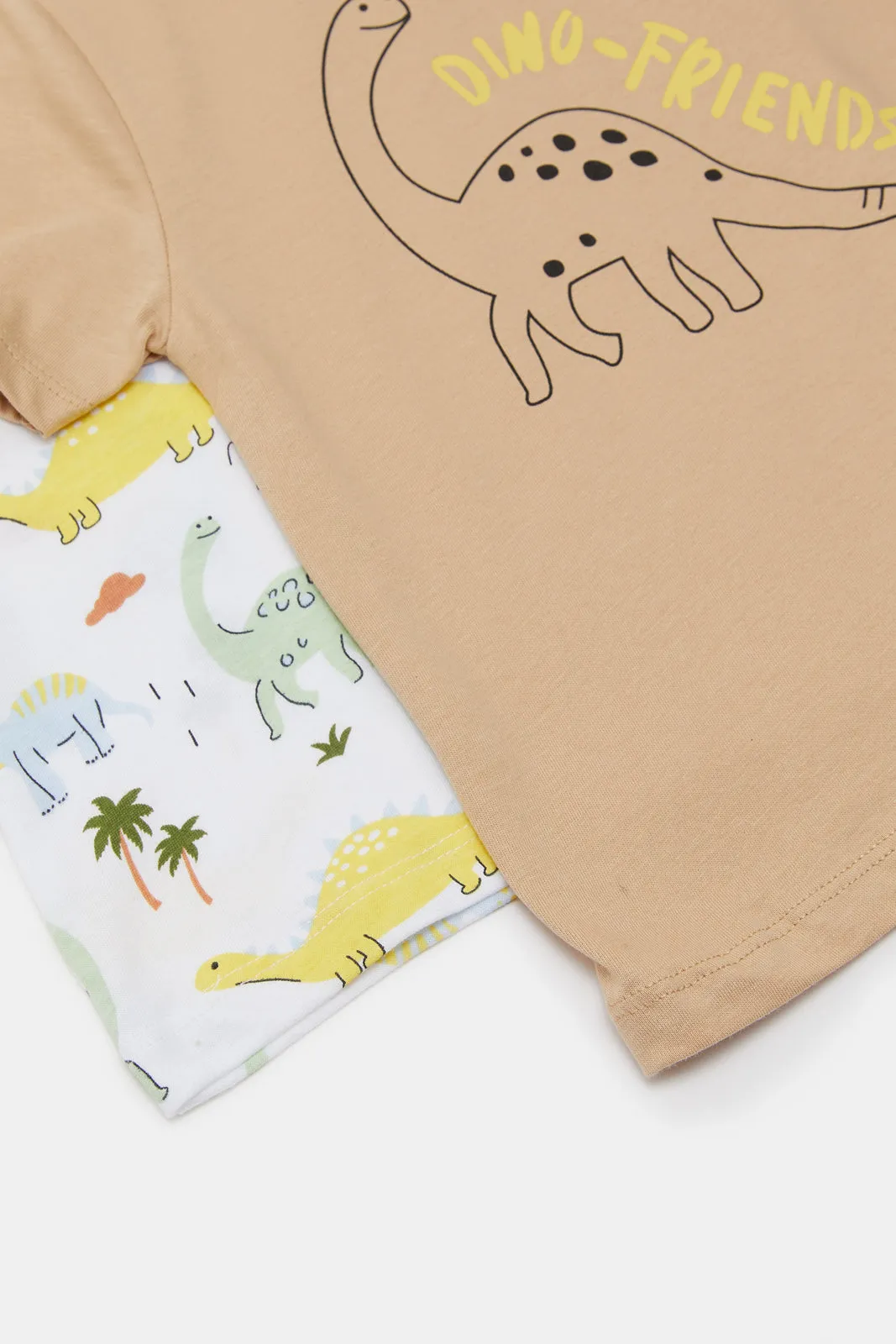Infant Boys Biege And White Dino Print T-Shirt Pack (2 Piece)