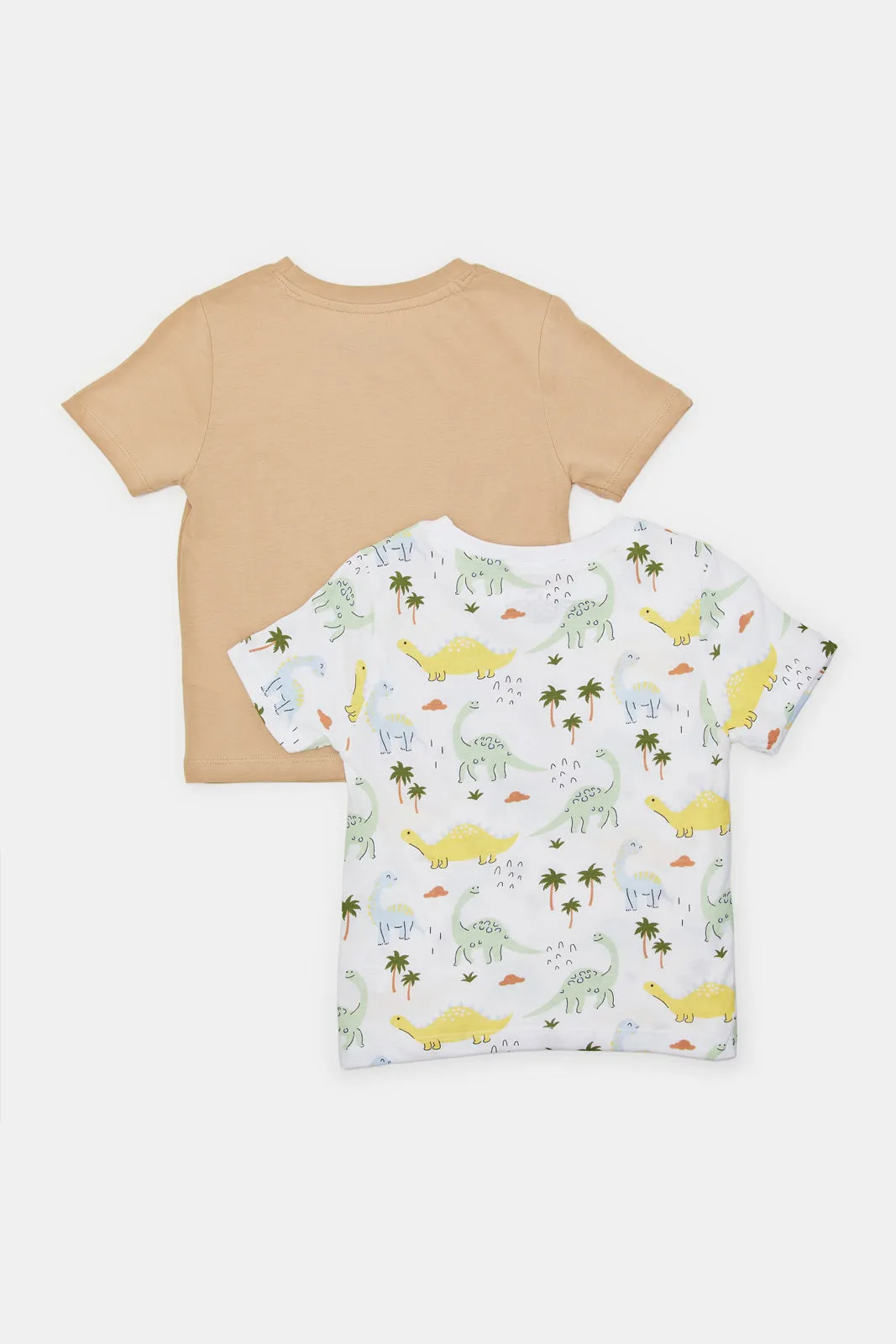 Infant Boys Biege And White Dino Print T-Shirt Pack (2 Piece)