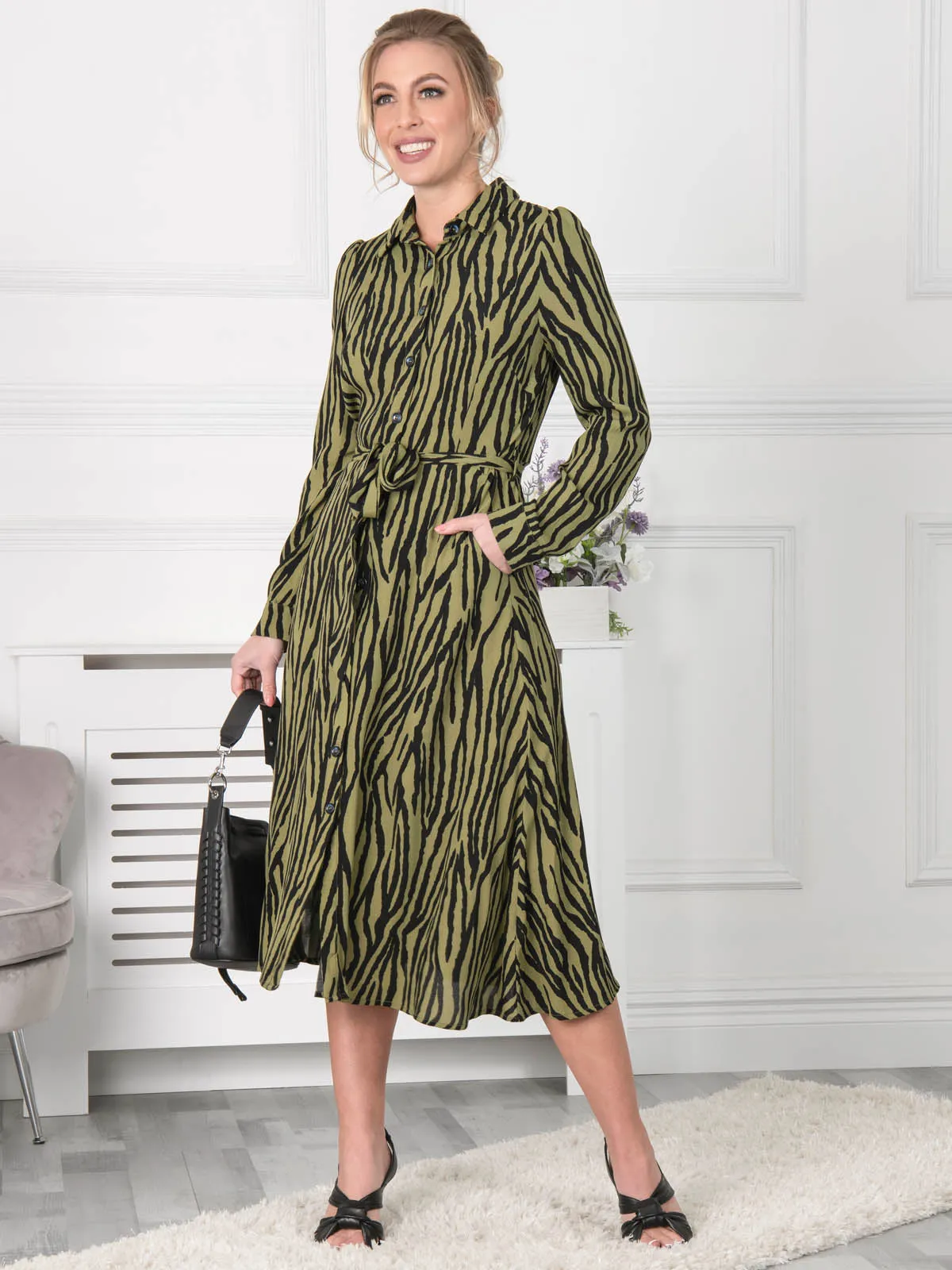 Jolie Moi Shea Viscose Shirt Midi Dress, Green Animal