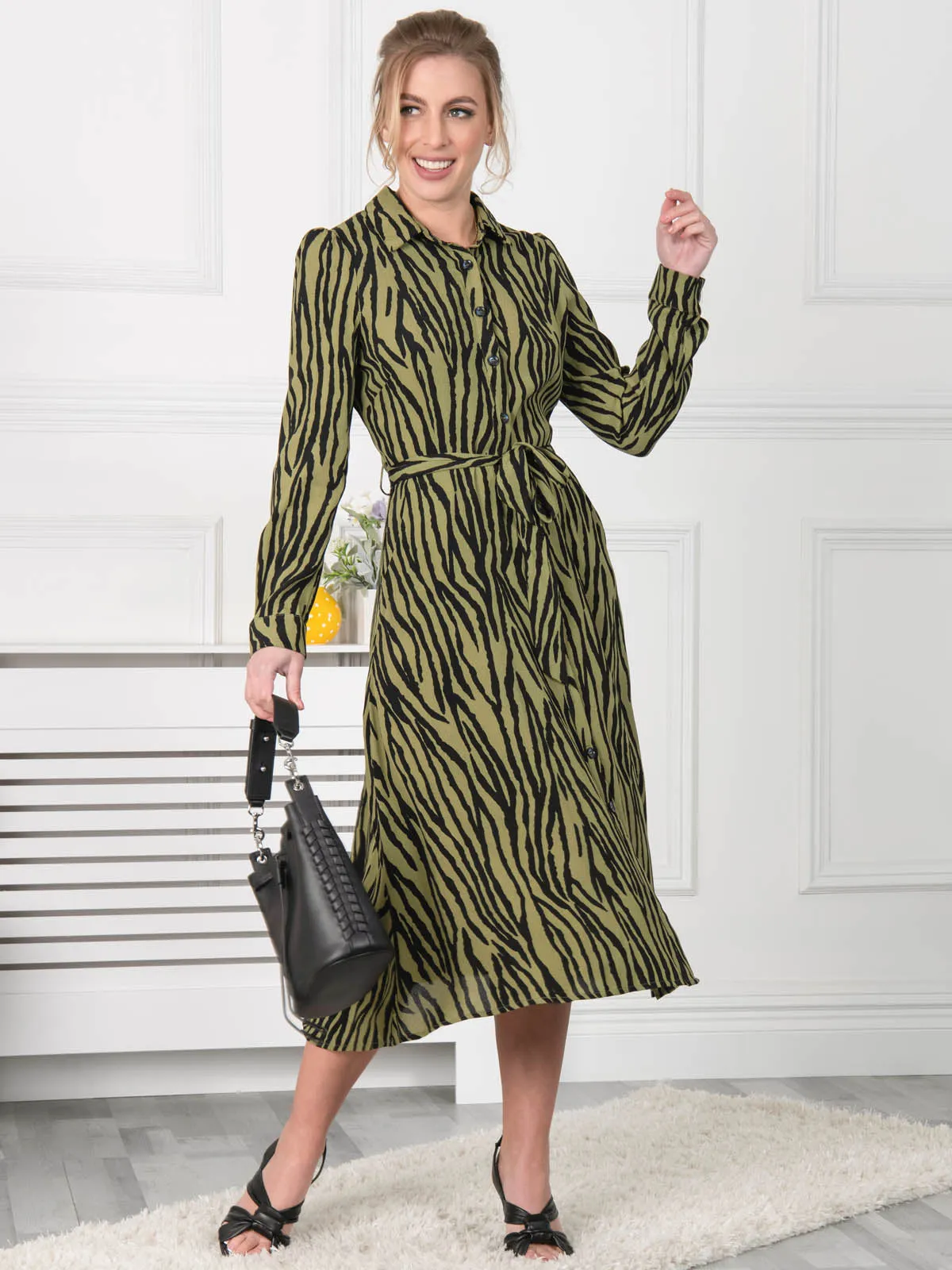 Jolie Moi Shea Viscose Shirt Midi Dress, Green Animal