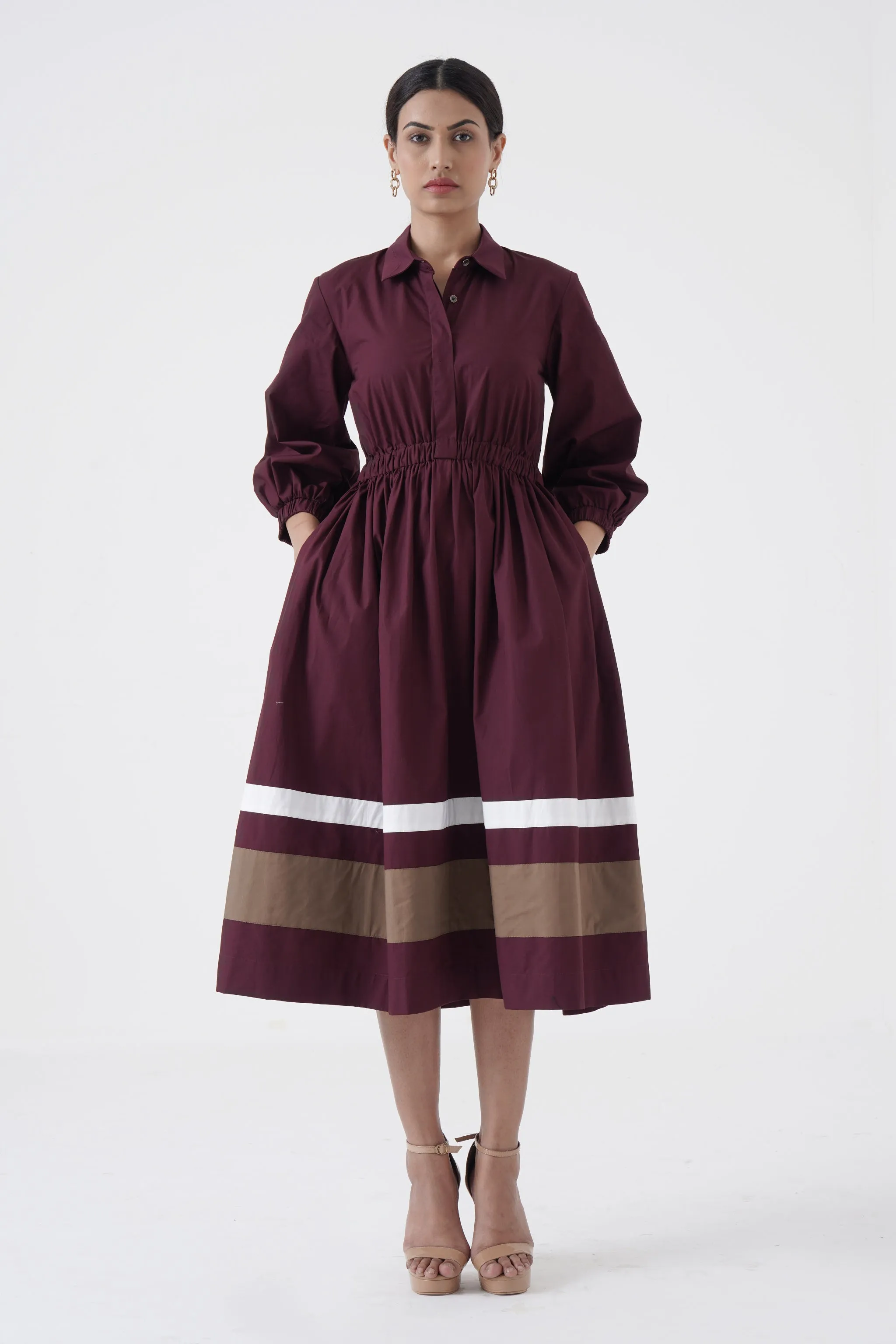 Kosher - Shirt collar waist elastic, two contrast stripe - Wine